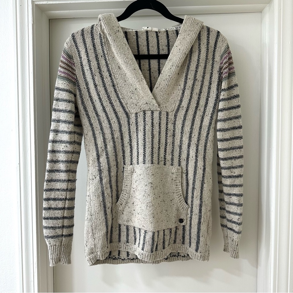 ROXY Y2K Knit Gray & Black Striped Hooded Sweater with Pocket, Size M